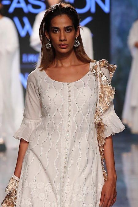 House Of Kotwara_White Organdy Round Chikan Kamdani Kurta Palazzo Set  _Online_at_Aza_Fashions