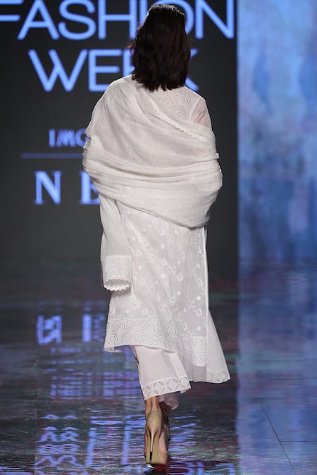 Shop_House of Kotwara_White Organdy Round Chikan Kamdani Kurta Set  _at_Aza_Fashions