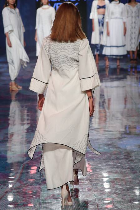 Shop_House Of Kotwara_White Cambric Split Chikan Kamdani Kurta Palazzo Set  _at_Aza_Fashions