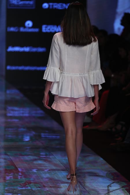 Shop_House of Kotwara_White Cotton Linen Peter Pan Collar Chikankari Peplum Jacket  _at_Aza_Fashions