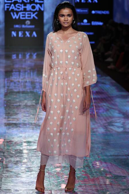 House Of Kotwara_Pink Mulmul Split Chikankari Kurta Palazzo Set _Online_at_Aza_Fashions