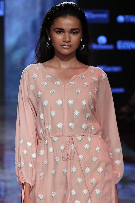 Buy_House Of Kotwara_Pink Mulmul Split Chikankari Kurta Palazzo Set _Online_at_Aza_Fashions
