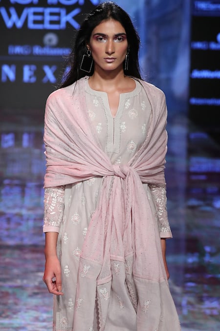 House of Kotwara_Grey Lawn Cotton Round Chikan Kamdani Kurta Set  _Online_at_Aza_Fashions