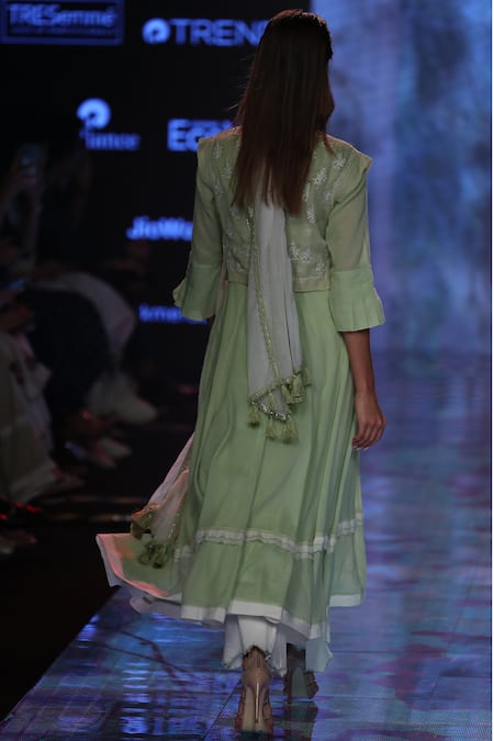 Shop_House of Kotwara_Green Anarkali Round Jacket Mandarin Chikan Kamdani Set  _at_Aza_Fashions