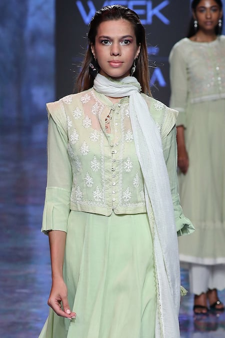 House of Kotwara_Green Anarkali Round Jacket Mandarin Chikan Kamdani Set  _Online_at_Aza_Fashions
