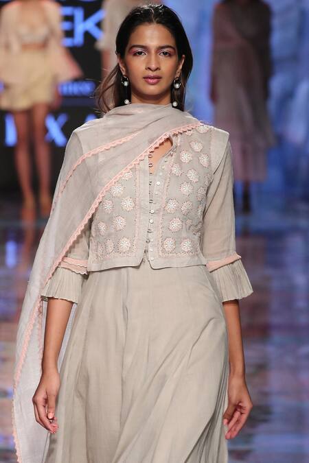 House Of Kotwara_Grey Kota, Mulmul Round Chikan Kamdani Anarkali Set _Online_at_Aza_Fashions