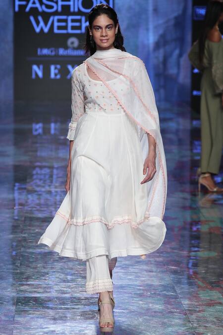 House Of Kotwara_White Mulmul Round Chikankari Anarkali Palazzo Set_Online_at_Aza_Fashions