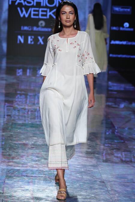 Shop_House of Kotwara_White Cambric Round Chikan Kamdani Kurta Set  _at_Aza_Fashions