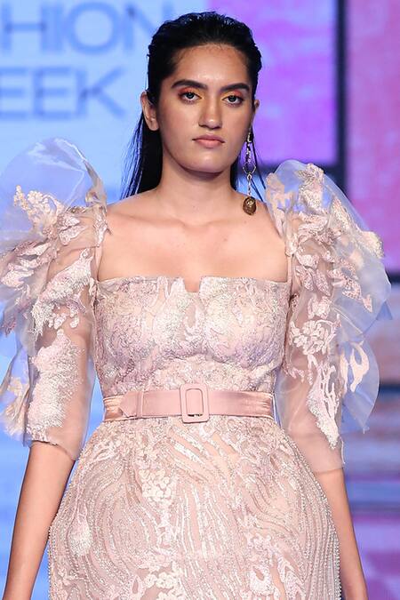 Buy_Tanieya Khanuja_Peach Mesh Embellished Dress_Online_at_Aza_Fashions