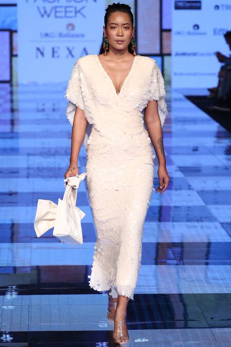 Tanieya Khanuja_White Mesh Embellished Top And Skirt Set_Online_at_Aza_Fashions