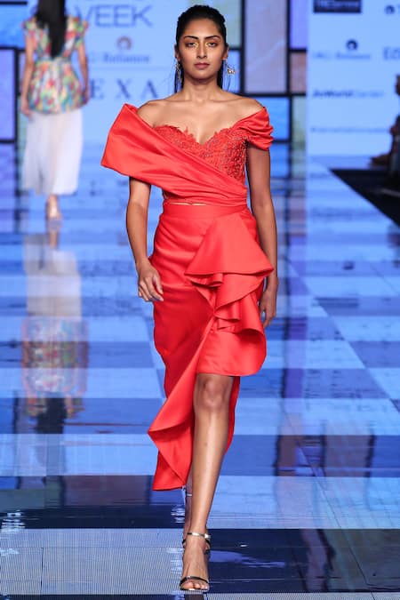 Tanieya Khanuja_Red Mesh Embellished Skirt Set_Online_at_Aza_Fashions