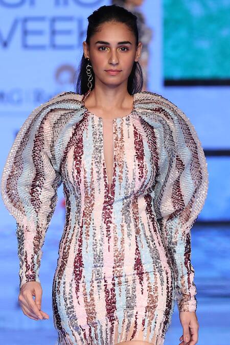 Tanieya Khanuja_Multi Color Mesh Embellished Bodycon Dress_Online_at_Aza_Fashions