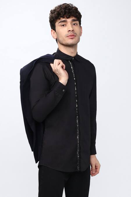 Noonoo_Black Cotton Poplin Embellished Shirt _Online_at_Aza_Fashions