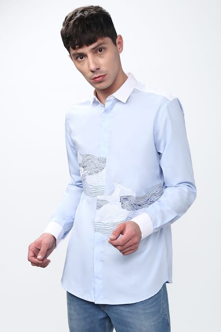 Noonoo_Blue Spandex, Giza Cotton Embroidered Shirt _Online_at_Aza_Fashions