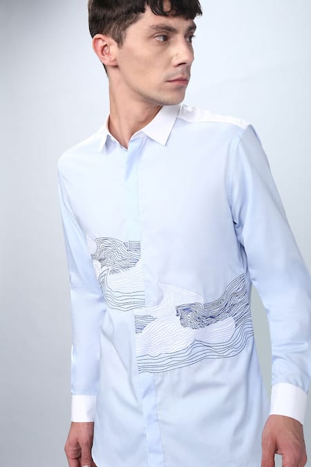 Shop_Noonoo_Blue Spandex, Giza Cotton Embroidered Shirt _Online_at_Aza_Fashions