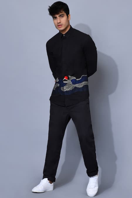 Noonoo_Black Cotton Poplin Embroidered Shirt _Online_at_Aza_Fashions