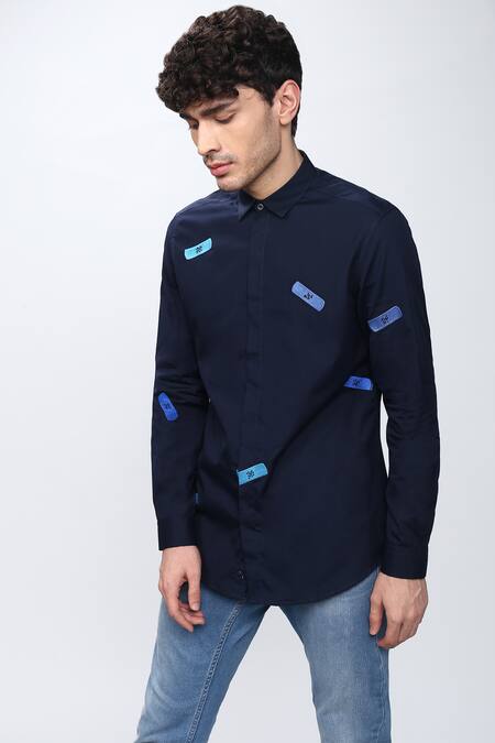 Noonoo_Blue Spandex, Giza Cotton Embellished Shirt _Online_at_Aza_Fashions