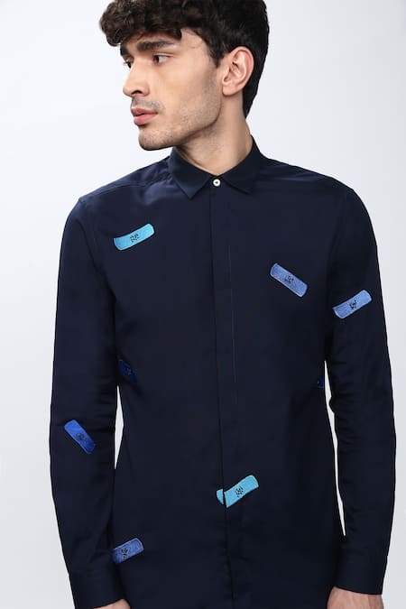 Buy_Noonoo_Blue Spandex, Giza Cotton Embellished Shirt _Online_at_Aza_Fashions