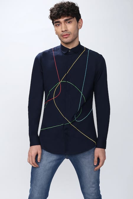 Noonoo_Blue Spandex, Giza Cotton Embroidered Shirt _Online_at_Aza_Fashions