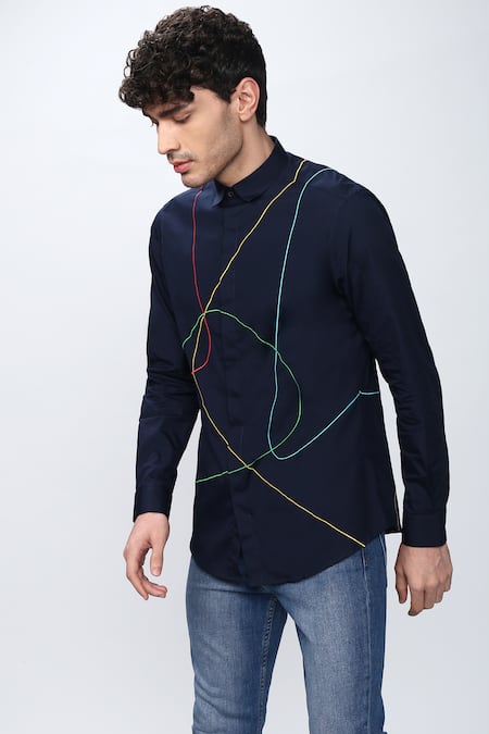 Buy_Noonoo_Blue Spandex, Giza Cotton Embroidered Shirt _Online_at_Aza_Fashions