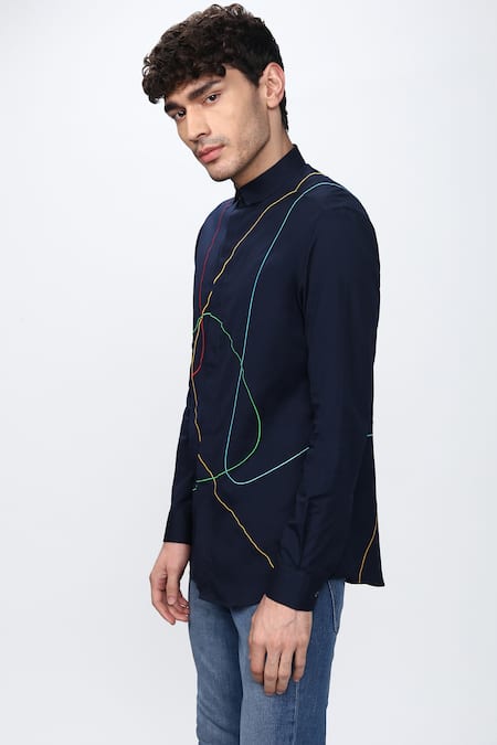 Shop_Noonoo_Blue Spandex, Giza Cotton Embroidered Shirt _Online_at_Aza_Fashions