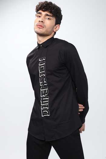 Noonoo Black 100% Cotton Slim Fit Typography Shirt Online at Aza Fashions Noonoo_Black 100% Cotton Slim Fit Typography Shirt _Online_at_Aza_Fashions
