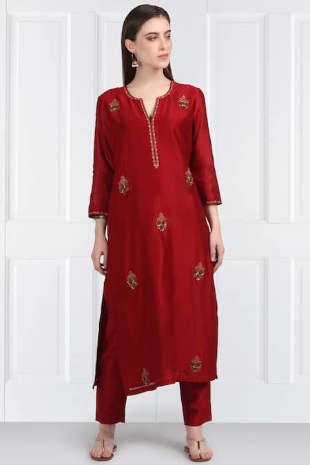 Buy_Label Earthen_Maroon Silk Chanderi Kurta Set For Kids_Online_at_Aza_Fashions