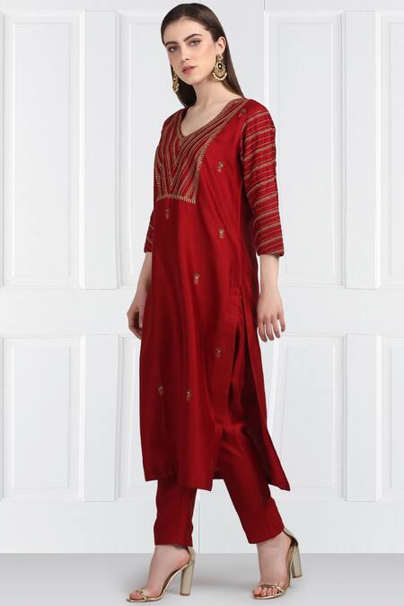 Label Earthen_Maroon Silk, Chanderi, Organza Sequins, Embroidery Kurta Set For Kids_Online_at_Aza_Fashions