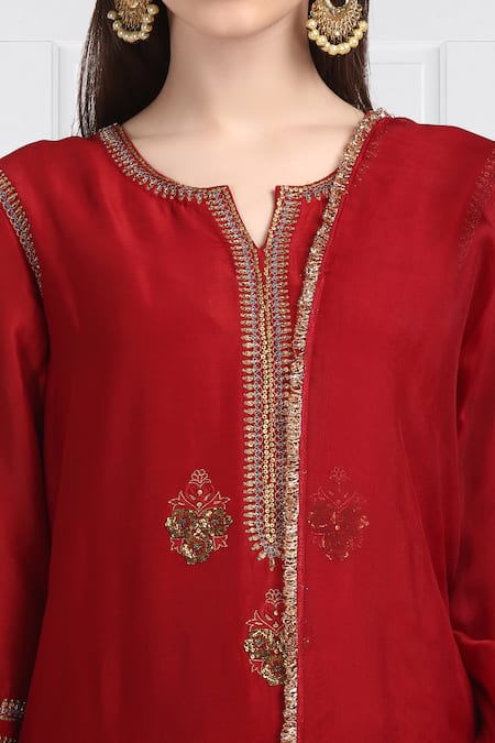 Label Earthen_Maroon Silk Chanderi Kurta Set For Kids_at_Aza_Fashions