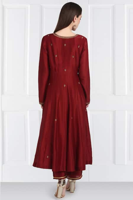 Label Earthen Maroon Silk Chanderi Anarkali Set For Kids