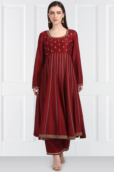 Buy_Label Earthen_Maroon Silk Chanderi Anarkali Set For Kids_Online_at_Aza_Fashions