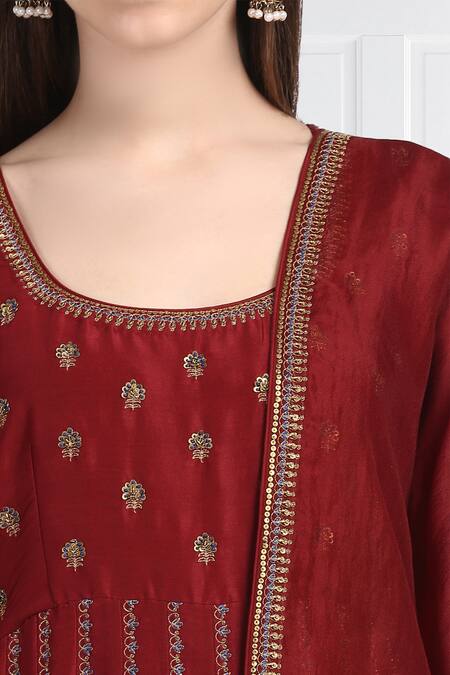 Label Earthen_Maroon Silk Chanderi Anarkali Set For Kids_at_Aza_Fashions