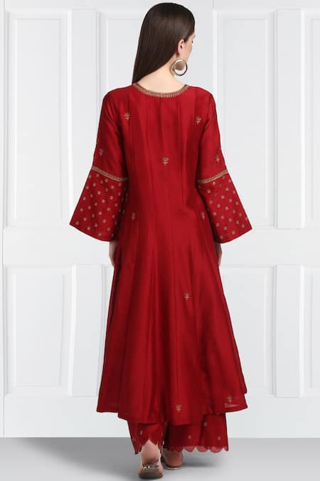 Label Earthen Maroon Silk Chanderi Kurta Palazzo Set For Kids
