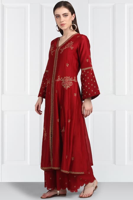 Label Earthen_Maroon Silk, Chanderi, Organza Sequins, Embroidery Kurta Palazzo Set For Kids_Online_at_Aza_Fashions