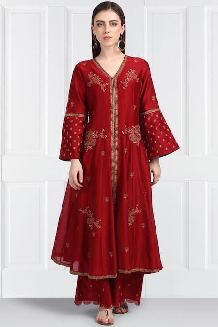 Buy_Label Earthen_Maroon Silk, Chanderi, Organza Sequins, Embroidery Kurta Palazzo Set For Kids_Online_at_Aza_Fashions