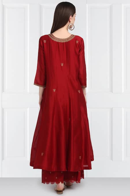 Label Earthen Maroon Silk Chanderi Kurta Set For Kids