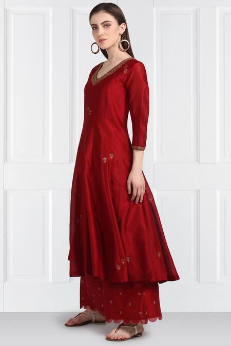 Label Earthen_Maroon Silk, Organza Sequins, Embroidery Chanderi Kurta Set For Kids_Online_at_Aza_Fashions