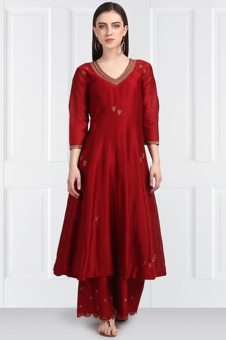 Buy_Label Earthen_Maroon Silk, Organza Sequins, Embroidery Chanderi Kurta Set For Kids_Online_at_Aza_Fashions