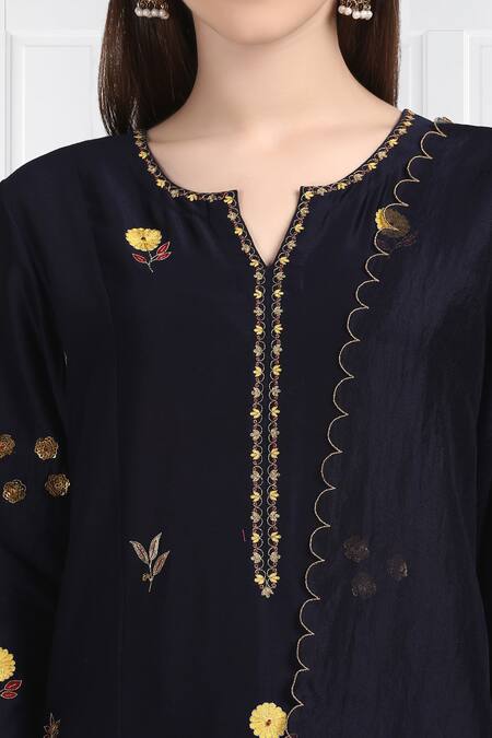 Label Earthen_Black Silk, Chanderi, Organza Sequins, Embroidery Floral Kurta Set For Kids_at_Aza_Fashions
