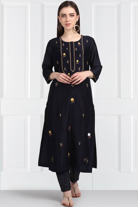 Buy_Label Earthen_Blue Silk Chanderi Floral Embroidered Kurta Set For Kids_Online_at_Aza_Fashions