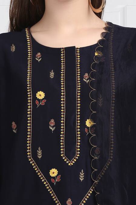 Label Earthen_Blue Silk Chanderi Floral Embroidered Kurta Set For Kids_at_Aza_Fashions