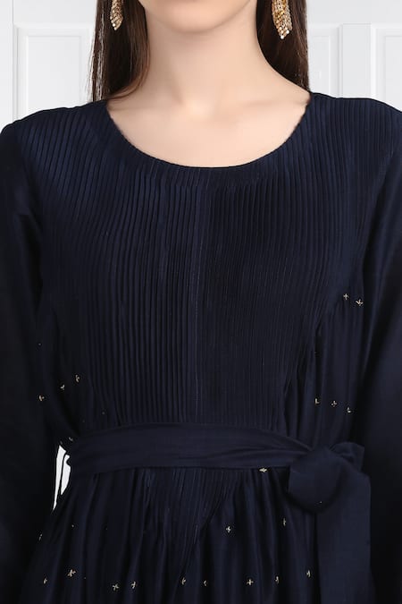 Buy_Label Earthen_Blue Silk, Chanderi Embroidery Pintuck Detail Maxi Dress For Kids_Online_at_Aza_Fashions