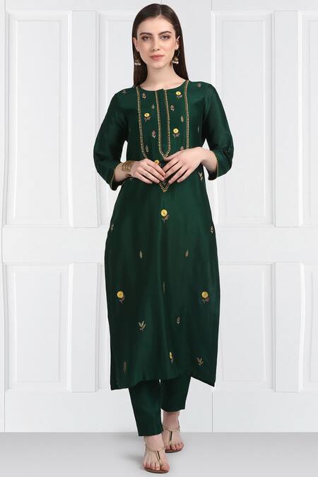 Buy_Label Earthen_Green Silk Chanderi Floral Embroidered Kurta Set For Kids_Online_at_Aza_Fashions
