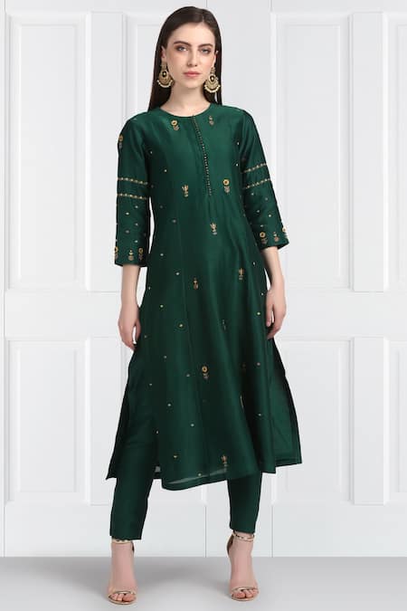 Buy_Label Earthen_Green Silk, Chanderi, Organza Embroidery Floral Kurta Set For Kids_Online_at_Aza_Fashions