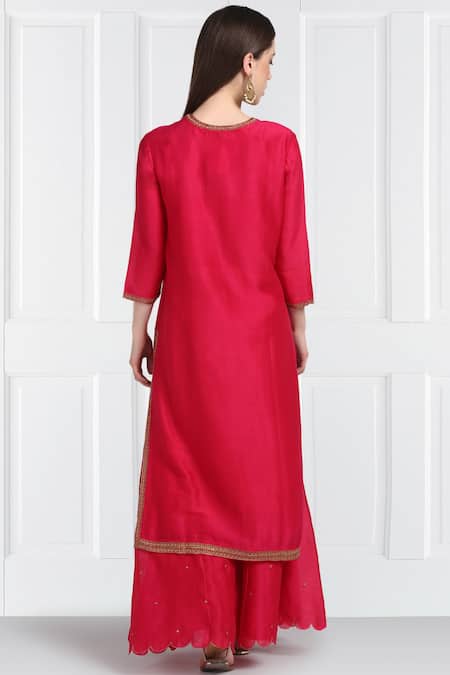 Label Earthen Fuschia Silk Chanderi Kurta Gharara Set For Kids
