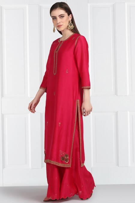 Label Earthen_Pink Silk, Organza Embroidery, Sequins Fuschia Chanderi Kurta Gharara Set For Kids_Online_at_Aza_Fashions