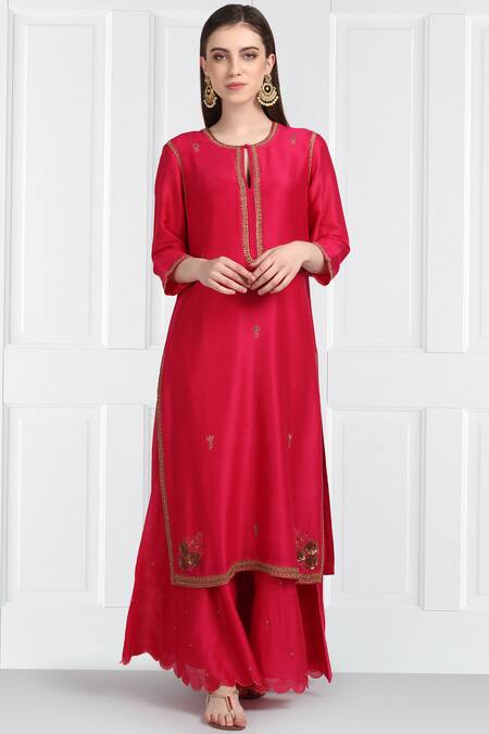 Buy_Label Earthen_Pink Silk, Organza Embroidery, Sequins Fuschia Chanderi Kurta Gharara Set For Kids_Online_at_Aza_Fashions