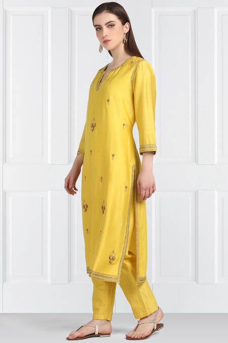 Label Earthen_Yellow Silk Chanderi Designer Kurta Set For Kids_Online_at_Aza_Fashions