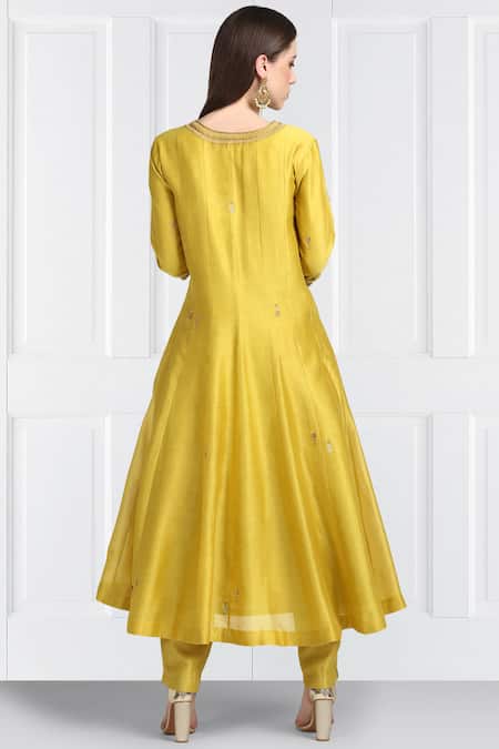Label Earthen Yellow Silk Chanderi Anarkali Set For Kids