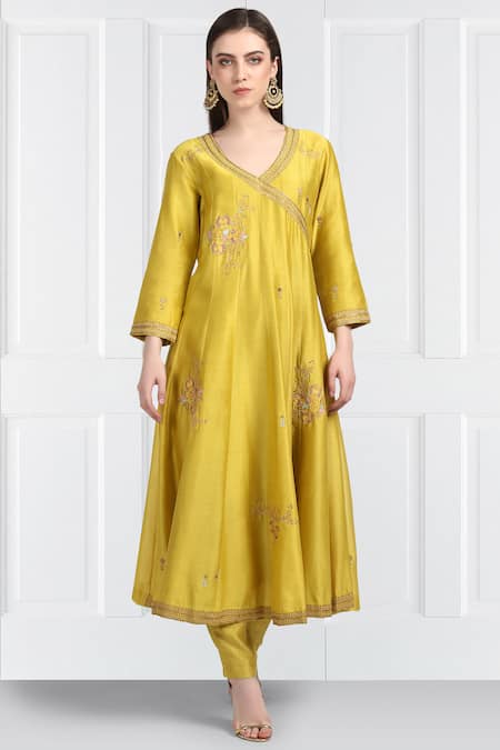 Buy_Label Earthen_Yellow Silk Chanderi Anarkali Set For Kids_Online_at_Aza_Fashions